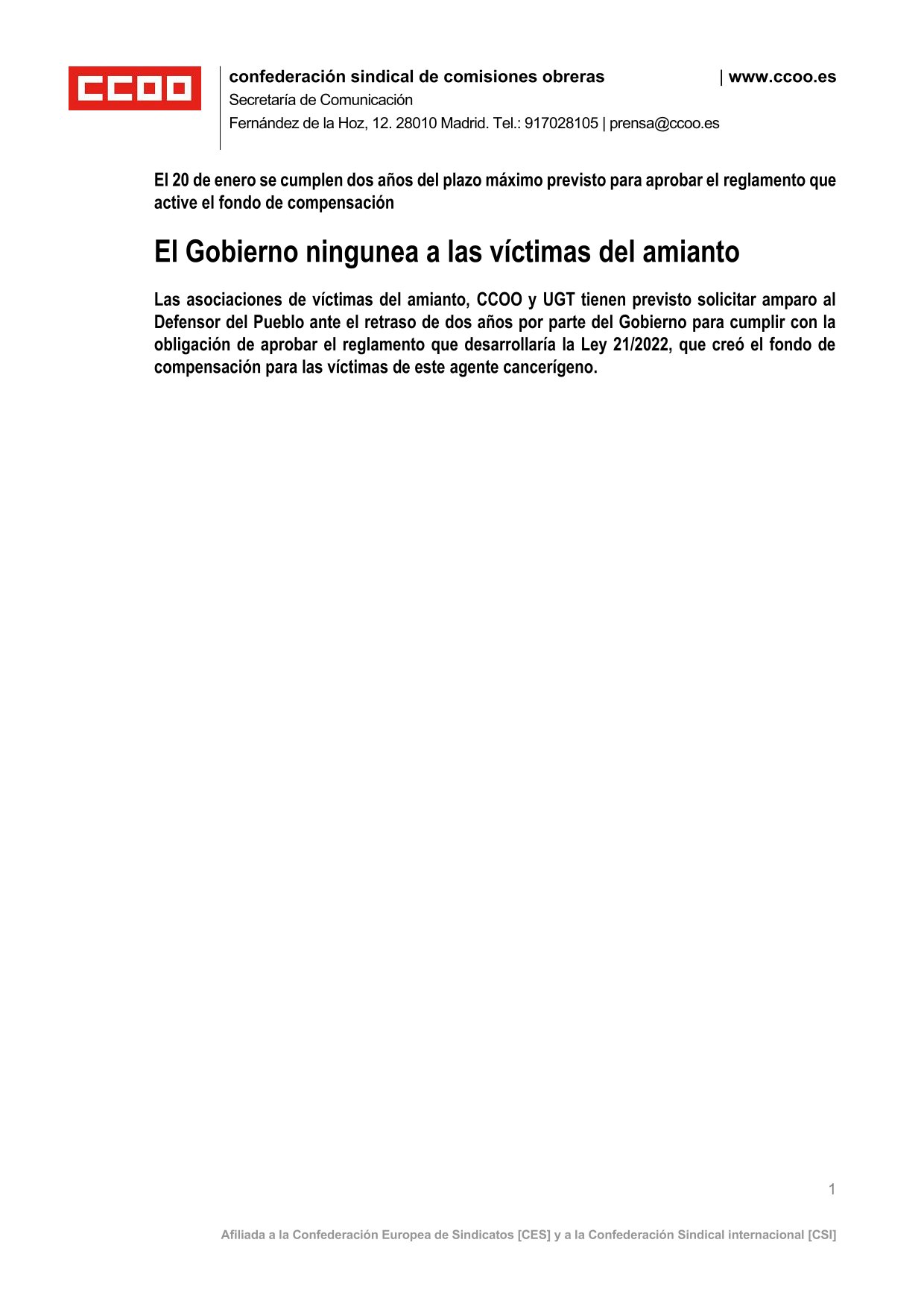 NOTA CS CCOO. Secretaría de Comunicación.  20-1-2025